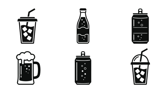 Premium monochrome flat vector icon set featuring six carbonated drinks: cola cup, lemon soda bottle, sparkling water can, root beer mug, orange soda can, and soda fountain drink