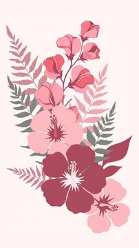 Sequential Animated Floral Pattern Featuring Pink and Burgundy Blossoms with Fern Foliage Visuals