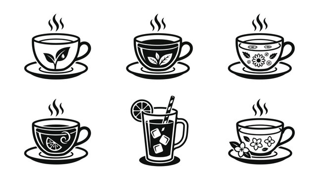 Premium monochrome flat vector icon set featuring six tea beverages: green tea, black tea, chamomile tea, lemon tea, iced tea, and jasmine tea.