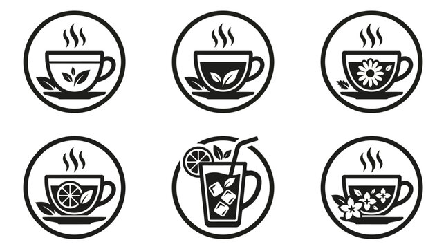 Premium monochrome flat vector icon set featuring six tea beverages: green tea, black tea, chamomile tea, lemon tea, iced tea, and jasmine tea.
