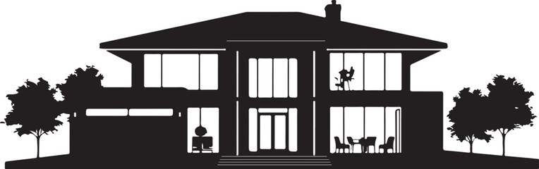 Naklejka na ściany i meble Black silhouette of a modern house with people and two-story