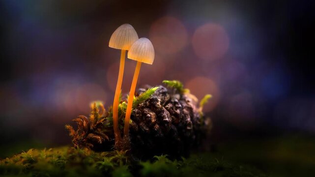 Two Glowing Mushrooms on Pine Cone &ndash; Slow Zoom Macro Nature Video.