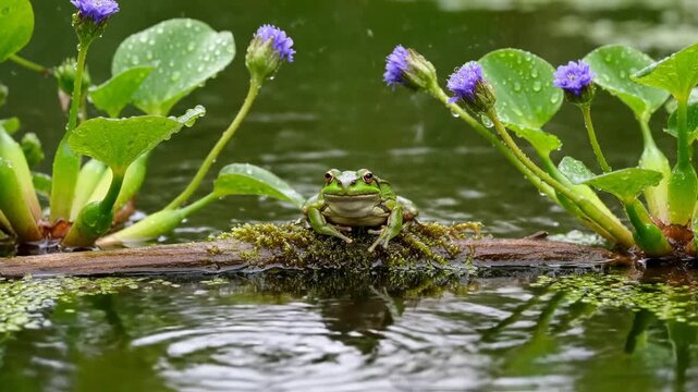 Frog sits on a moss-covered log beside blooming plants and rippling water. Peaceful nature setting captures essence of wetland habitat. Concept of wildlife, nature conservation, outdoor photography