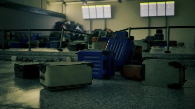 overnight luggage storage under fluorescent glow, damp floor and plastic crates, muted palette and industrial calm, sense of neglect and forgotten travel items