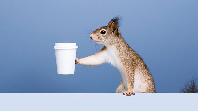 Squirrel offering coffee cup on blue studio background