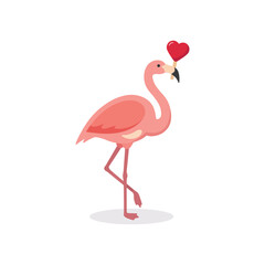 Obraz premium Pink flamingo standing on one leg holding a heart shaped lollipop, flat of a tropical bird with a sweet treat on white