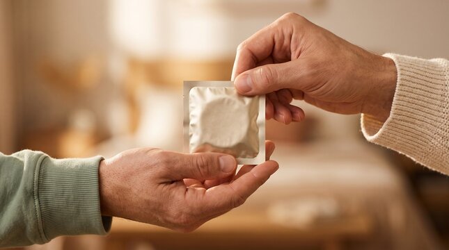 Sharing Hands Holding Condom two individuals exchanging a foil packed prophylactic inside for relationship articles sexual education materials