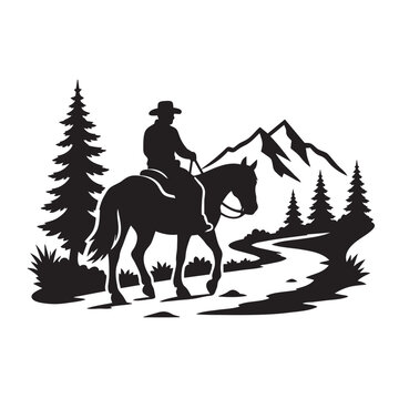 Cowboy Riding Horse Through Mountain Forest Landscape Silhouette Vector Isolated on White Background