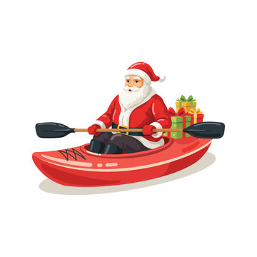 Santa claus rowing a red kayak with christmas gift boxes for festive holiday celebration and winter sport concept