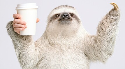 Fototapeta premium Sloth raising arm holding takeaway cup on white studio backdrop