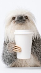 Fototapeta premium Long haired sloth holding paper cup on white background