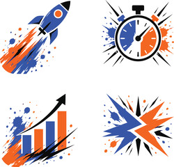 Obraz premium Creative vector graphic set featuring rocket launch stopwatch growth chart and abstract energy burst icons design