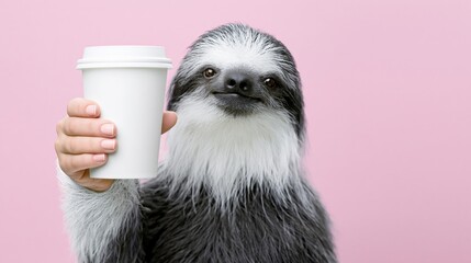 Fototapeta premium Sloth presenting coffee cup against pink studio background