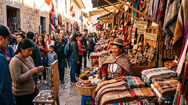 Smiling Peruvian woman selling traditional textiles and blankets in a busy Cusco street market
