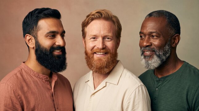 Multicultural Bearded Men standing together in studio showing diverse facial hair styles applicable for diversity campaigns and male grooming posters