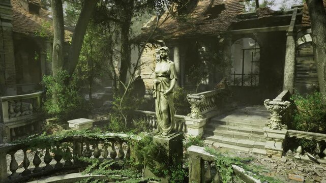 Lush ruined terrace entwined with foliage, curved balustrade overgrown with moss, dappled light through canopy and statue watching over hidden garden.