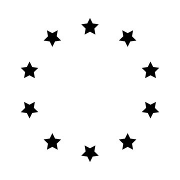 Stars of various sizes arranged in a circle. Round frame, border. Black star outline, simple symbol. Design element, ornament. Line art. Vector illustration