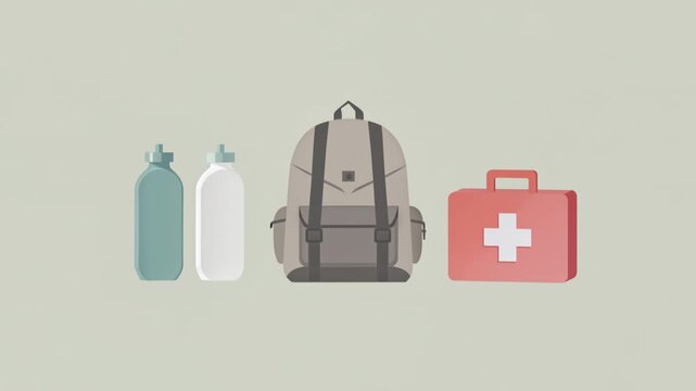 リュックと水と救急箱の防災グッズのフラットイラスト