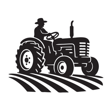 Farmer Driving Tractor on Field Silhouette Vector Isolated on White Background