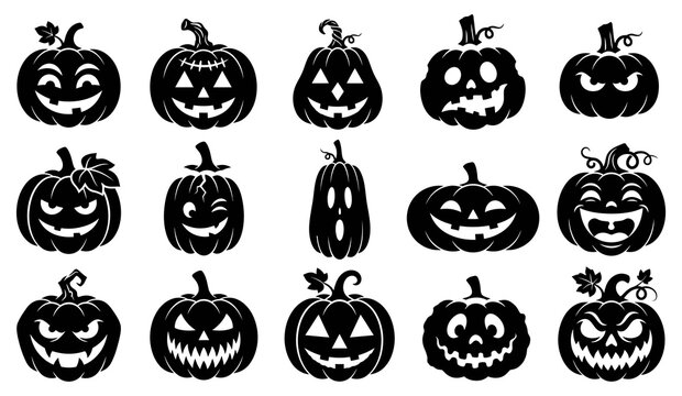 Black halloween pumpkins vector illustration with various carved faces on a white background for autumn celebrations and spooky designs