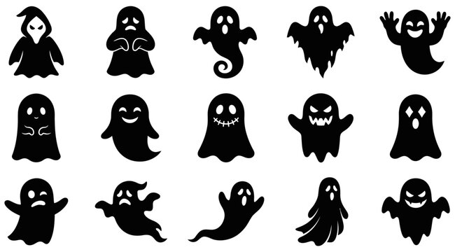 Collection of spooky halloween ghosts vector silhouettes on a white background for festive designs and celebrations