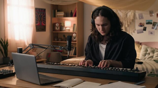 Young creative man wearing headphones playing digital piano and using laptop in home studio. Perfect for promoting online music courses, digital creativity, or remote learning campaigns