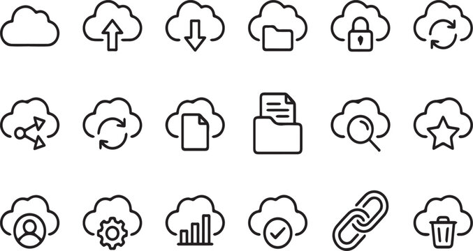 Cloud storage interface icons including file sharing search delete and sync functionality.