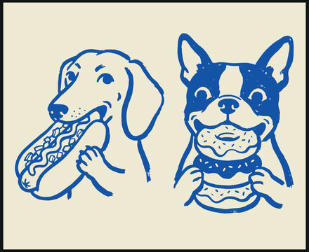 Playful blue line dachshund eating hot dog and bulldog eating hamburger