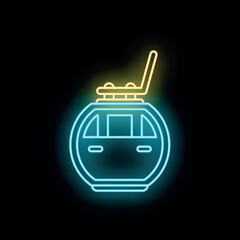 Neon cable car gondola icon glowing with vibrant blue and yellow colors against a dark background © anatolir