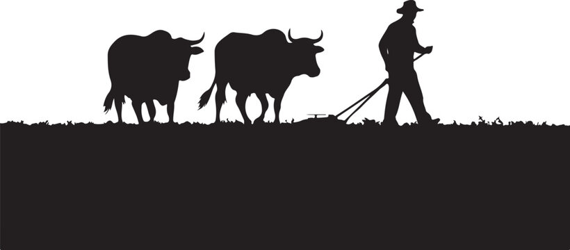 Silhouette of a farmer plowing a field with two oxen