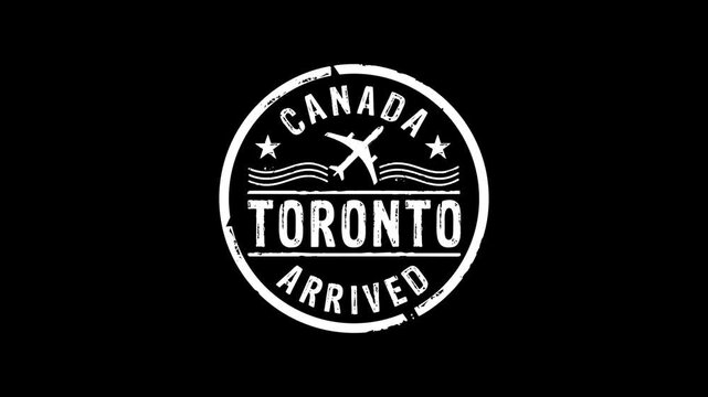 Toronto Canada arrived stamp and hand stamping impact isolated animation. Flight arrival 3D concept. Alpha matte channel.