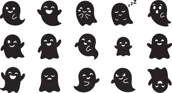 Collection of 15 unique ghost emojis with various expressions on white background for digital communication