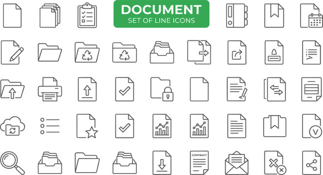 Document management thin line icons set for files storage folder transfer contract data processing and office workflow organization,