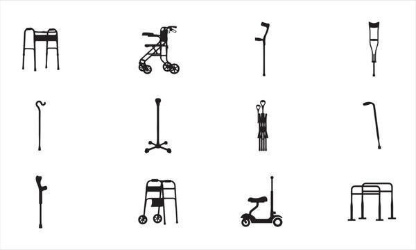 Modern mobility assistance icon collection featuring walker rollator crutches cane walking stick quad cane forearm crutch knee scooter and accessibility ramp in clean black vector silhouette style