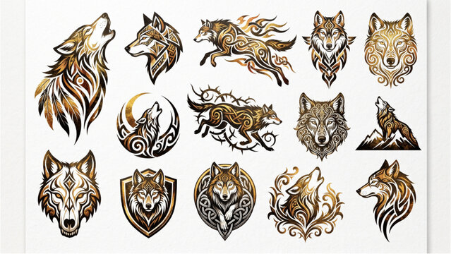 Set of Gold Mixed Color Tribal Wolf Tattoo Designs Collection, Abstract Geometric Animal Emblems, Vector Illustration on White Background, No Repetition Pack
