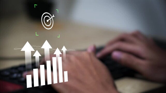 Business professional using laptop with virtual target icon upward growth graph, representing goal achievement, business strategy, financial growth concepts.