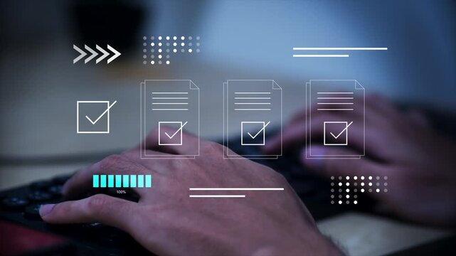 Business professional verifying digital documents with compliance inspection, quality control, and approval validation to ensure accuracy, regulatory standards, and reliable document management.