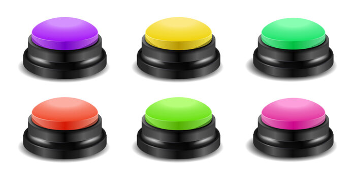Set of realistic colorful answer buzzers for trivia games in vector design, featuring vibrant quiz game buttons isolated on transparent background for competitions and interactive events.