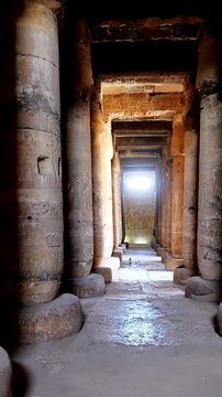 Ancient Egyptian temple corridor at the Abydos Temple with richly detailed hieroglyphs and impressive stone architecture. Egypt