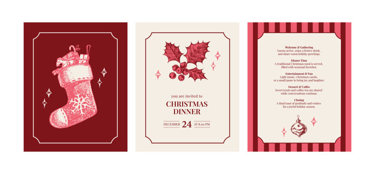 Christmas dinner invitation cards with hand drawn holiday Christmas stocking, holly berries and ornament. Festive mood, elegant vintage style. Vector sketch illustration.