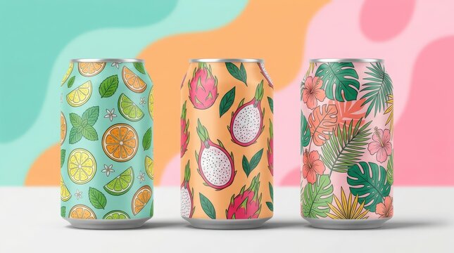 Three aluminum beverage cans with tropical fruit and botanical patterns in a bright studio setting
