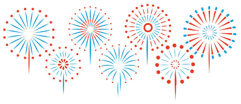 Red Blue Fireworks Exploding in Sky on White Background