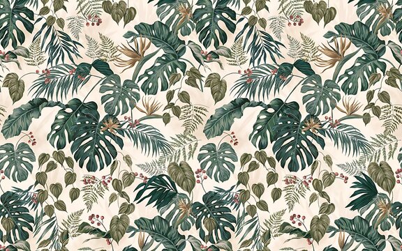 Tropical jungle botanical seamless pattern with monstera and fern leaves