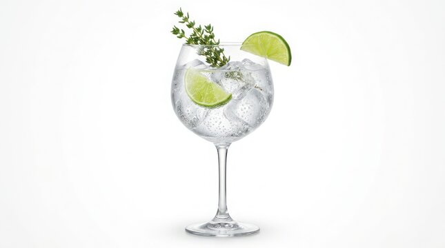 Refreshing gin and tonic cocktail in a glass with lime slices and fresh herbs on white background