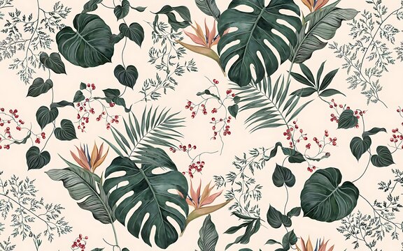 Tropical botanical seamless pattern with monstera leaves and bird of paradise
