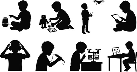 Set of children stem and technology silhouettes showing kids using smart speaker robot drone tablet headphones 3d pen coding © jamal