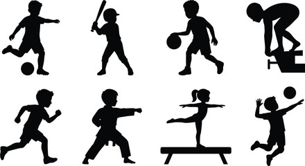 Set of children sports silhouettes showing kids playing soccer baseball basketball swimming running karate gymnastics and volleyball © jamal
