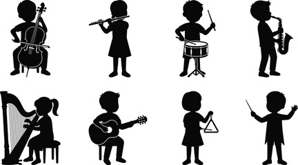 Children playing musical instruments silhouettes set including cello flute drum saxophone harp guitar triangle and orchestra conductor © jamal