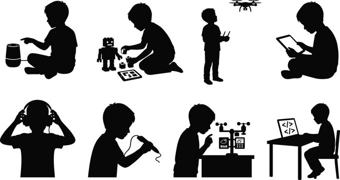 Set of children stem and technology silhouettes showing kids using smart speaker robot drone tablet headphones 3d pen coding