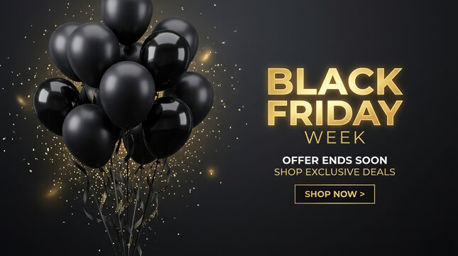 Black balloons with golden confetti. Black Friday week banner promoting exclusive shopping deals ending soon today. Promotional offer ecommerce marketing. Special promotion web banners.